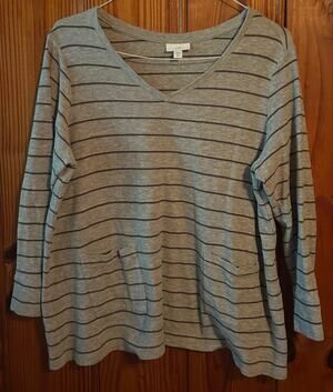 J Jill Women's Size XL Petite Gray Striped Pullover w/Pockets Long Sleeve VNeck